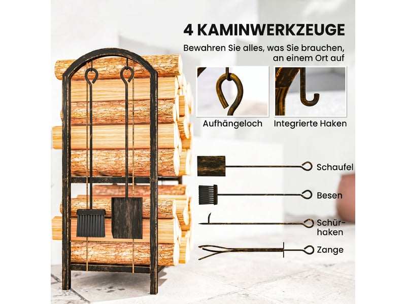  Porte-bûches intérieur 2 niveaux avec 4 outils de cheminée, métal, 43 x 30 x 74 cm  - Conforama W