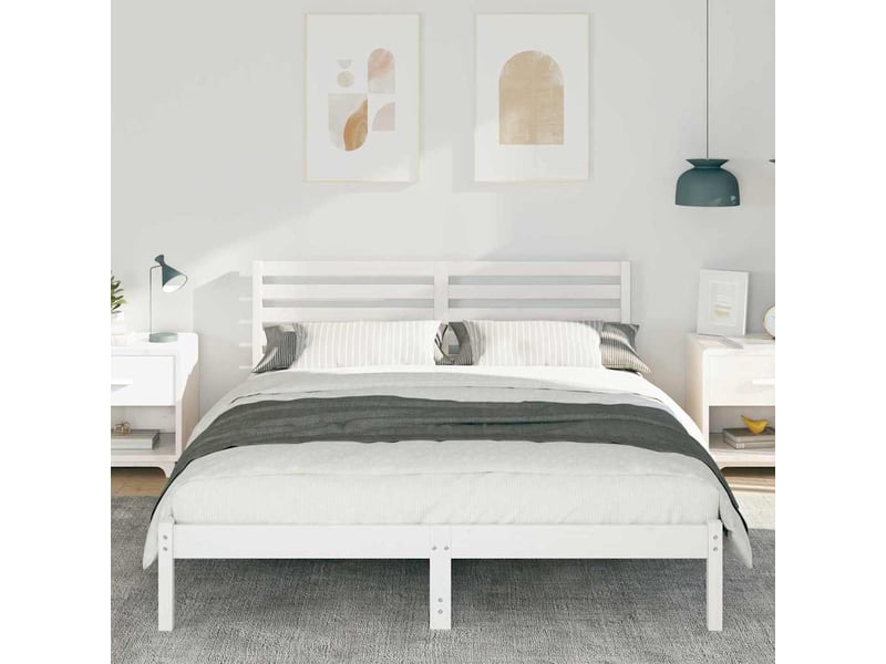 Lit double- lit adulte - cadre de lit avec tête de lit blanc 150 x 200 cm pin massif - Conforama B