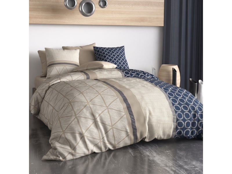  Parure housse de couette 240x220cm + 2 taies motif graphique bleu et beige 100% coton - malvina MALVINA - Conforama B