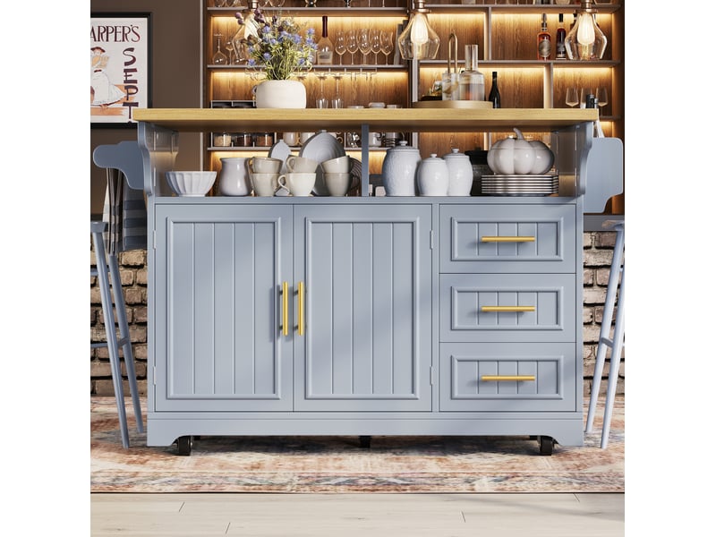  Desserte de cuisine à roulettes avec 2 portes, 3 tiroirs et plateaux rabattables en mdf bleu 120 × 40 × 95 cm  - Conforama E