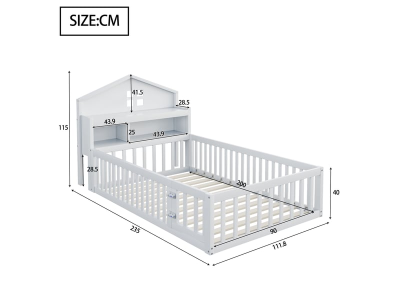 Lit enfant 90x200 cm en bois massif avec rangements, tableau noir et barrière de sécurité - Conforama C