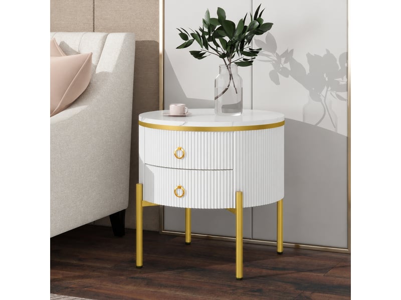  Table d’appoint ronde effet marbre blanc et doré avec 2 tiroirs, 50 x 50 x 51 cm  - Conforama B