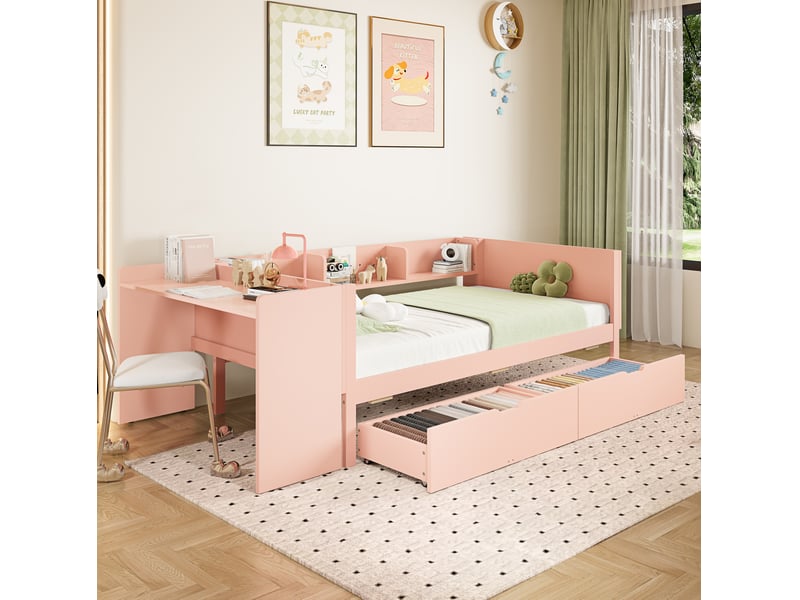  Lit simple 90x200 cm avec bureau et 2 tiroirs en pin rose  - Conforama C