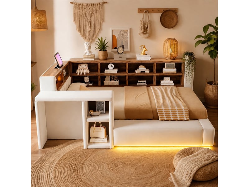 Lit de repos 90 x 200 cm, avec revêtement de housse, rangements multiples, éclairage led, prises intégrées, table de chevet, tête de lit capitonnée, beige - Conforama C