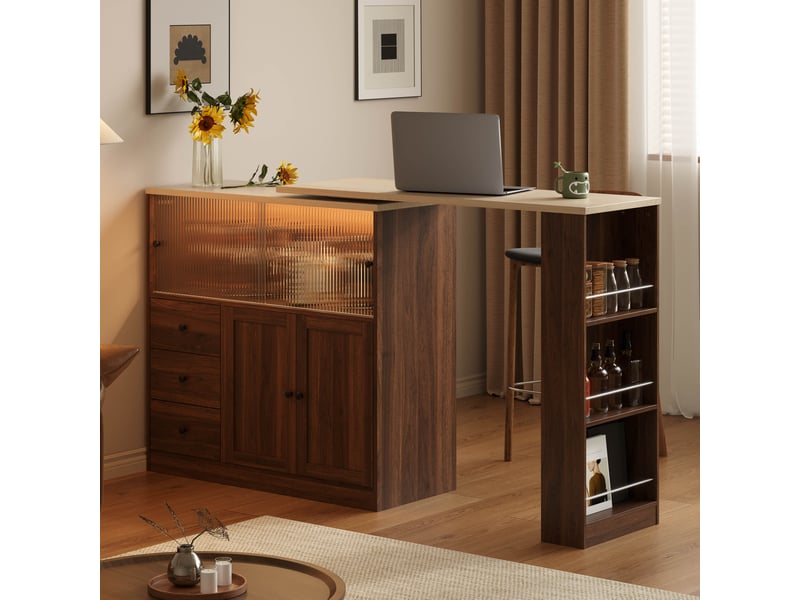 Îlot de cuisine table bar 172x40x96 cm - table pivotante à 360° - porte coulissante vitrée - tiroir et étagères latérales - mdf - bois naturel CozyNest - Conforama E