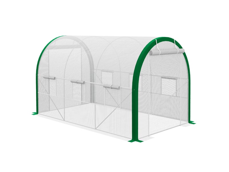  Serre tunnel de jardin 358x210x210 cm – blanche – porte enroulable, fenêtres moustiquaires, acier galvanisé  - Conforama A