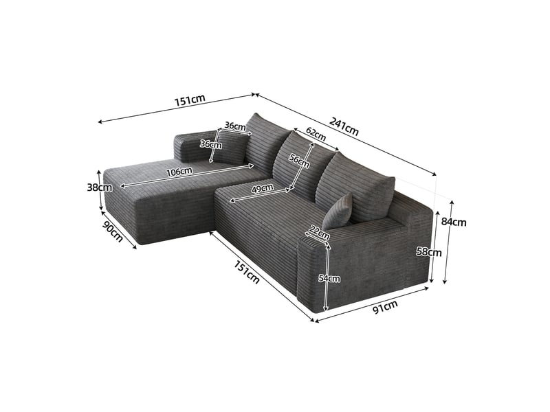 Canapé d'angle gauche en l canapé modulable canapé compressé 3 places canapé nuage en velours côtelé avec accoudoirs - gris - Conforama R