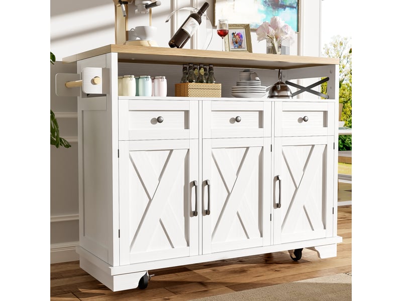  Îlot de cuisine blanc avec plateau rabattable, chariot de cuisine à roulettes avec rangement multifonctionnel, 118x43x98cm  - Conforama B