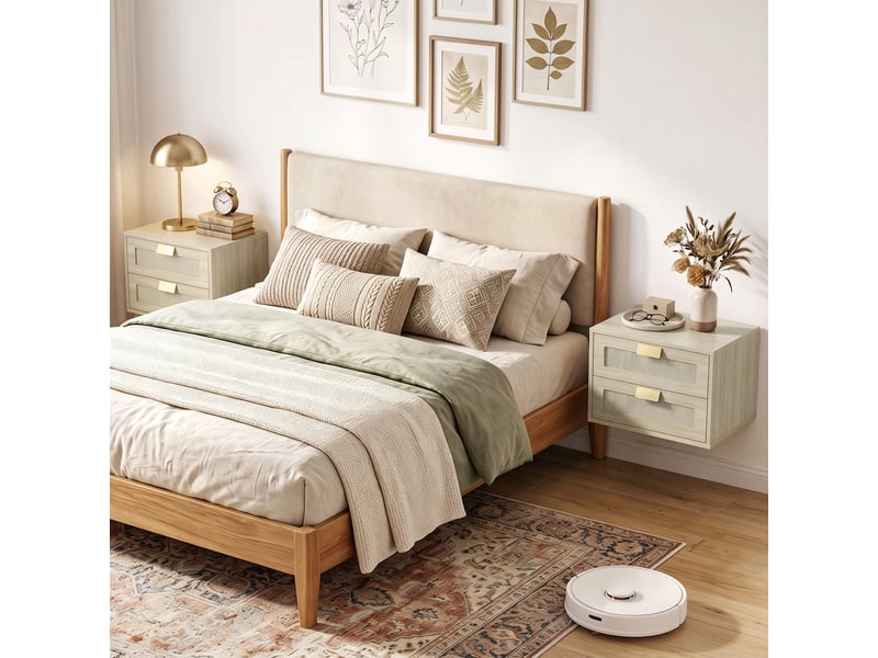  Ensemble de 2 tables de chevet suspendues avec 2 tiroirs et façade en rotin naturel pour chambre à coucher, 40 x 30 x 27,6 cm, chêne  - Conforama D