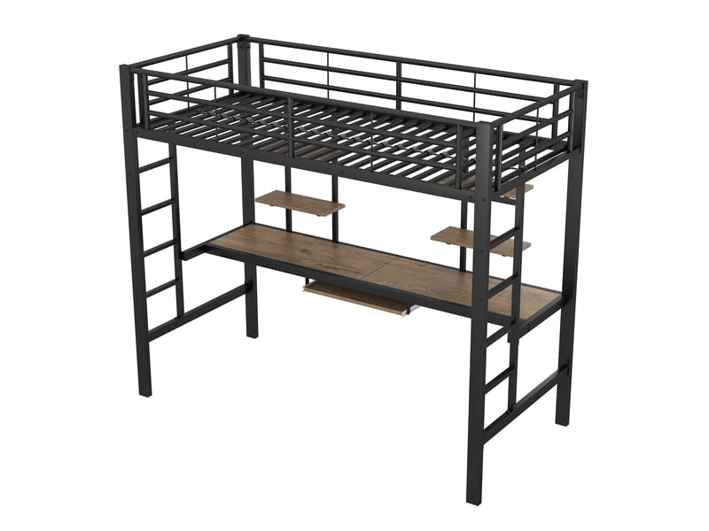  Lit mezzanine noir 90x200cm avec escalier rangement, 2 bibliothèques, bureau et étagères, gain de place - fer - pour enfant ado  - Conforama C