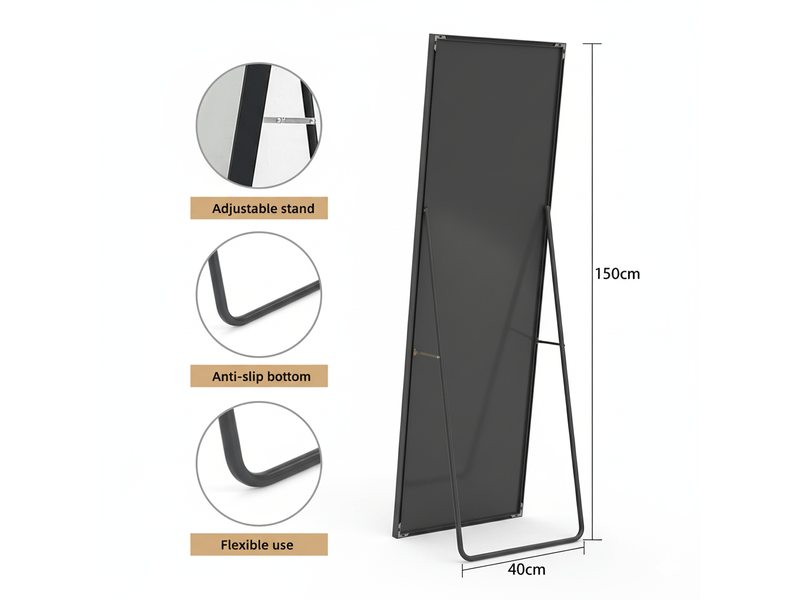  Miroir pleine longueur 150 x 40 cm - miroir sur pied avec cadre en alliage d'aluminium - noir  - Conforama E