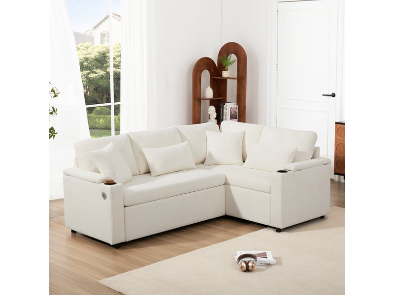 Canapé d’angle convertible l 45 places 206,5x141x86 cm avec coffre de rangement, fonction lit, méridienne fixe droite, porte-gobelets, usb, étagères d’accoudoirs, coussins - beige - Conforama C