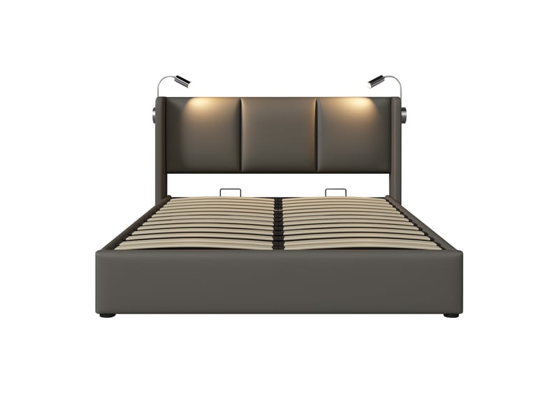 Lit double avec rangement gris en pu 160 x 200 cm avec sommier à lattes, liseuses et charge usb - Conforama A