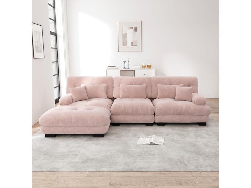 Canapé d’angle modulable convertible 3 places en tissu rose avec ottomans, confort profond pour le salon - Conforama B