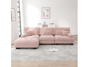 Canapé d’angle modulable convertible 3 places en tissu rose avec ottomans, confort profond pour le salon