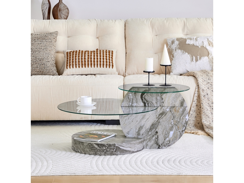  Table basse ronde à 2 niveaux en verre de sécurité, décor marbre gris, 90x70 cm  - Conforama B