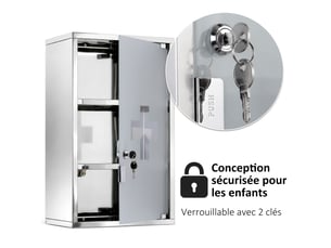 Armoire à pharmacie murale à 3 niveaux en acier inoxydable avec verrouillable porte en verre avec 2 clés