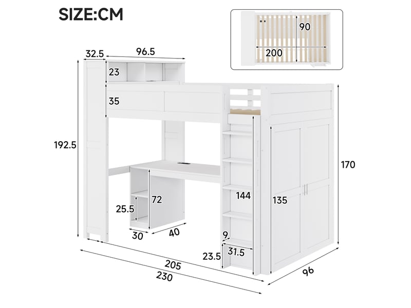  Lit mezzanine 90x200 avec bureau, rangements, armoire, port usb et éclairage led, mdf pin contreplaqué, blanc sans matelas  - Conforama C