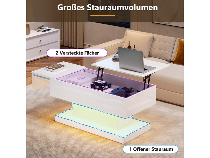 Table basse relevable led 100×50×45 cm design blanc brillant, plateau semi-relevable et coulissant, rangement intégré - Conforama D