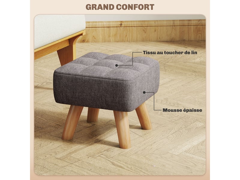  Repose pied salon ottoman siège rembourré en tissu avec pieds en bois gris 27 x 27 x 26 cm  - Conforama E