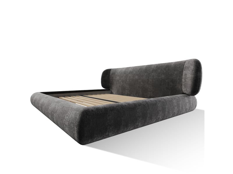 Lit double capitonné 180x200 cm avec sommier à lattes et tête de lit, lit adulte en chenille gris, sans matelas - Conforama R