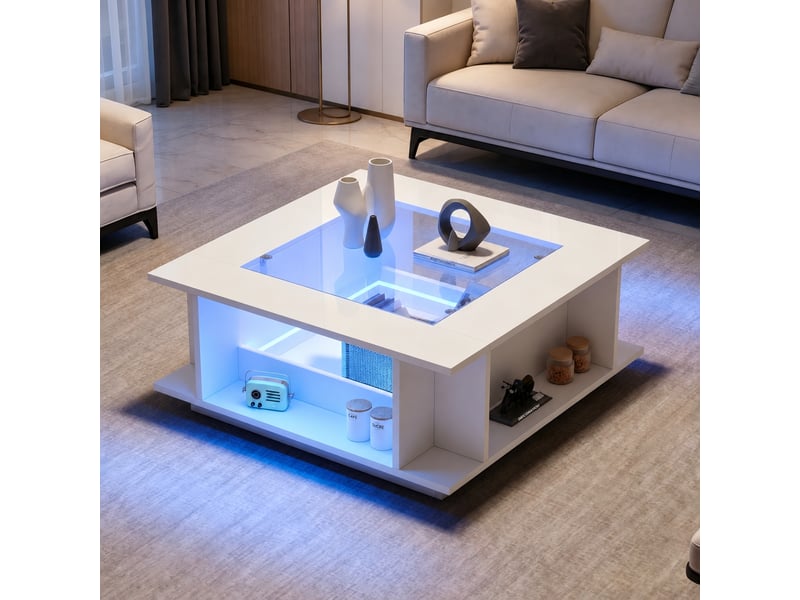  Table basse carrée blanche avec plateau en verre et éclairage led, 70 x 70 x 30 cm  - Conforama C