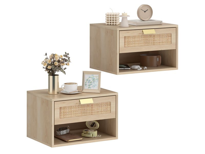  Ensemble de 2 tables de chevet suspendues avec tiroir en rotin, étagère ouverte, gain de place, 40 x 30 x 25 cm, chêne  - Conforama A