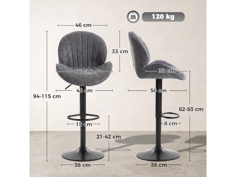  Lot de 2 tabourets de bar, hauteur réglable, pivotant 360°, siège rembourré, dossier et repose-pieds, gris  - Conforama E