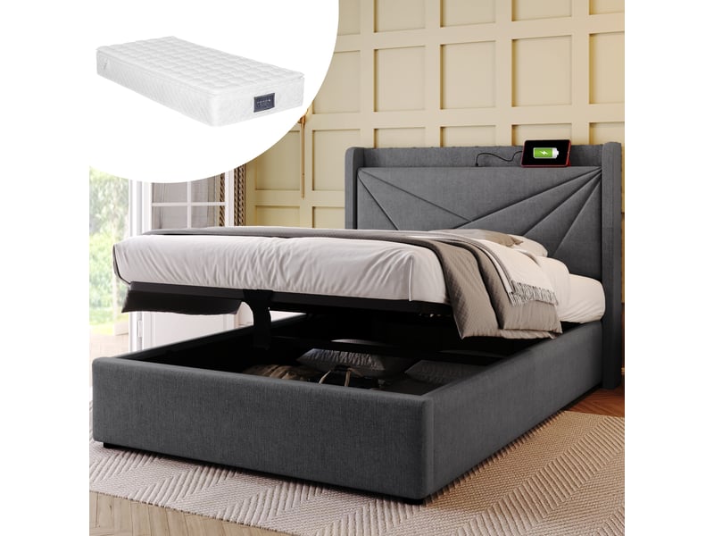  Lit coffre enfant 90x200 cm, espace de rangement, usb type-c et sommier, coton-lin gris, matelas inclus  - Conforama W