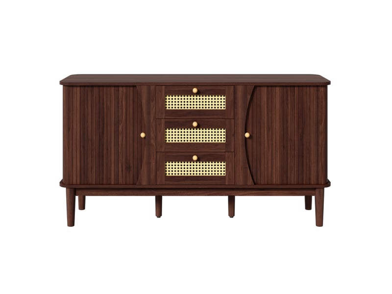  Buffet 141 x 40 x 77 cm – noyer foncé – 3 tiroirs en rotin, portes coulissantes et étagères réglables  - Conforama A