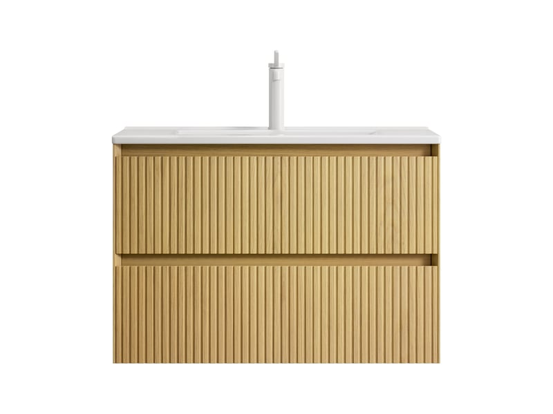 Meuble sous vasque mural avec vasque intégrée et 2 tiroirs, fermeture douce, en céramique et bois, salle de bain, chêne doré blanc - Conforama A