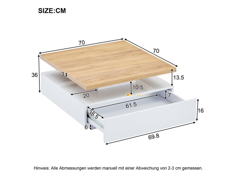  Table basse carrée - 70x70x36cm - pivotante à 360°, plateau effet bois &amp; base laquée brillante, grand tiroir - noir  - Conforama E
