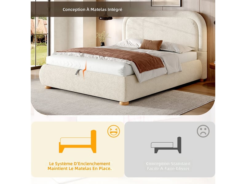  Lit double capitonné 140x190 cm beige en tissu bouclé avec sommier à lattes et rangement hydraulique  - Conforama D