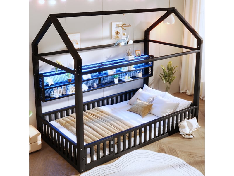 Lit simple plateforme maison 90 x 200 cm, barrière, led, noir - Conforama B