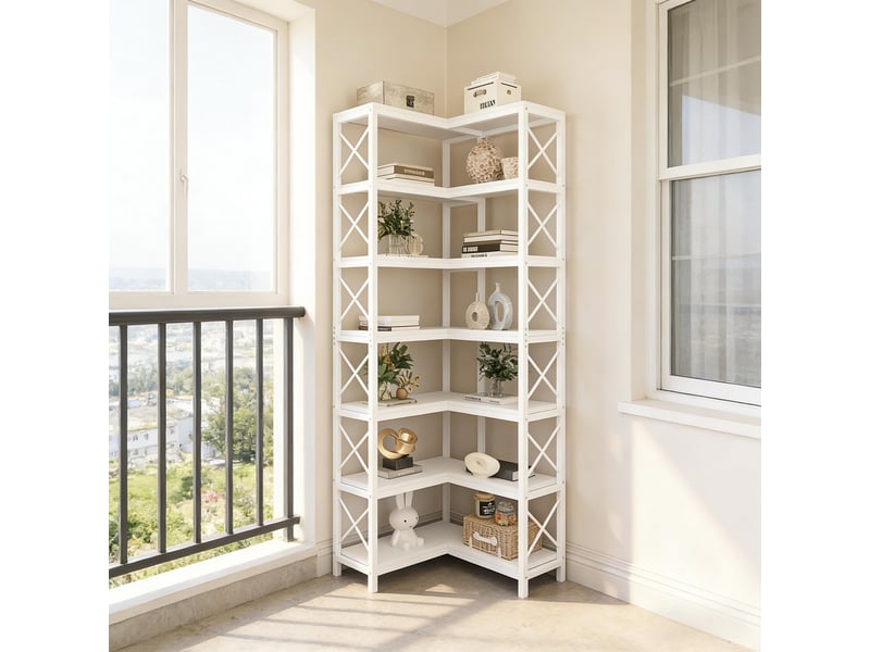 Bibliothèque d'angle 7 niveaux 14 compartiments métal et bois blanc 61x60.5x202 cm T5828P485743 - Conforama D