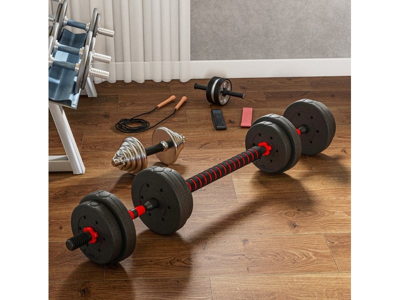 Set d'haltères réglables 2 en 1, 15 kg, noir, métal et plastique, conversion en barre longue - Conforama B