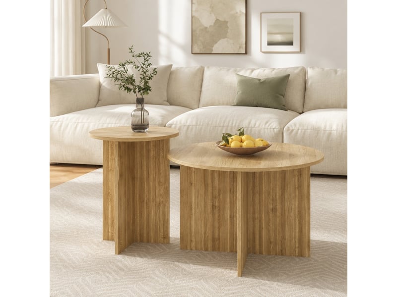  Tables basses gigognes rondes avec 2 plateaux, structure emboîtable, pour salon, en mdf et panneau de particules  - Conforama B