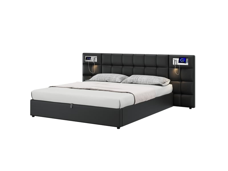  Lit rembourré 180 x 200 cm, lit hydraulique, avec port usb, chargeur sans fil et lampe d'éclairage, avec espace de rangement, pour adultes et adolescents, sommier à lattes en bois, montage facile, pu, noir  - Conforama A