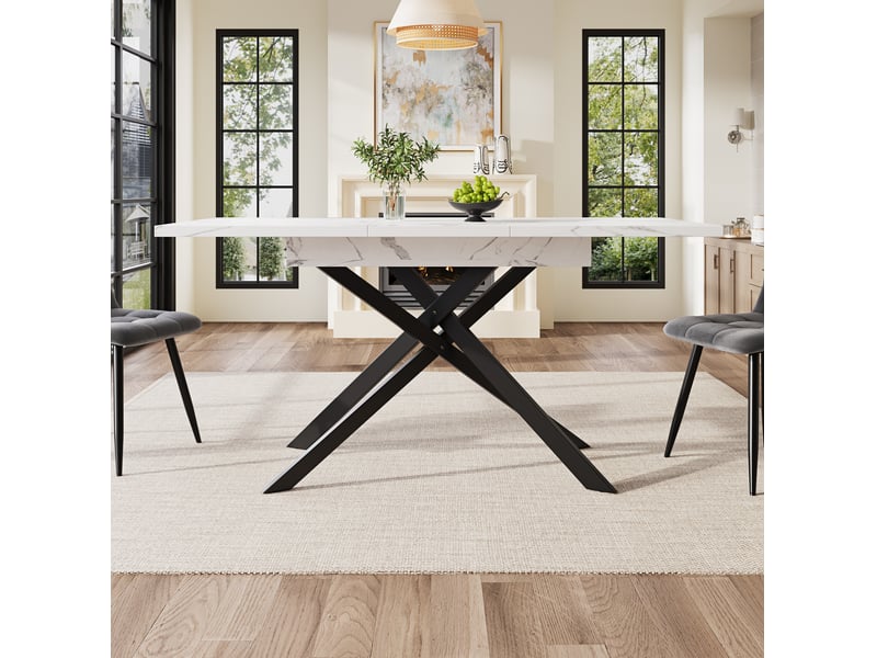  Table extensible (120)160x80x76,5cm, coloris blanc et noir, motif imitation marbre (non marbre), plateau aggloméré, cadre en métal, pieds croisés  - Conforama D