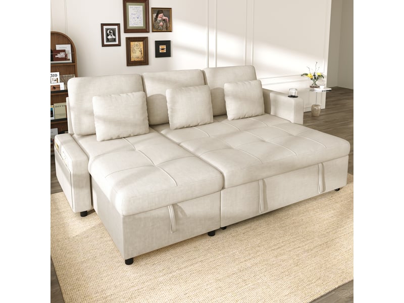  Canapé 4 places en velours côtelé blanc crème, avec pouf mobile, configurable en l, pieds en métal, 250 cm  - Conforama R