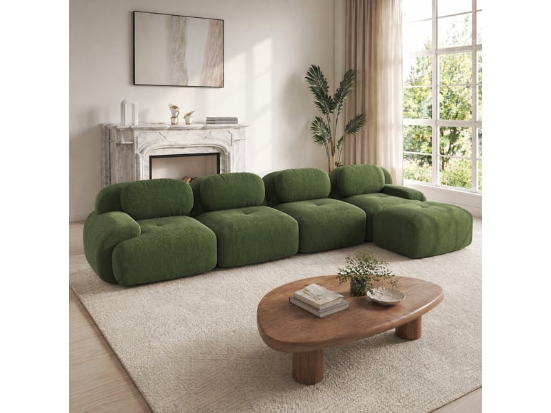  Canapé d'angle modulaire 4 places avec chaiselongue, assise 32d, sans montage, en velours côtelé vert  - Conforama D