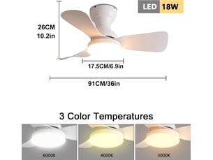 Ventilateur de plafond avec éclairage led 92 cm, 6 vitesses, moteur dc réversible, télécommande, design compact(blanc)