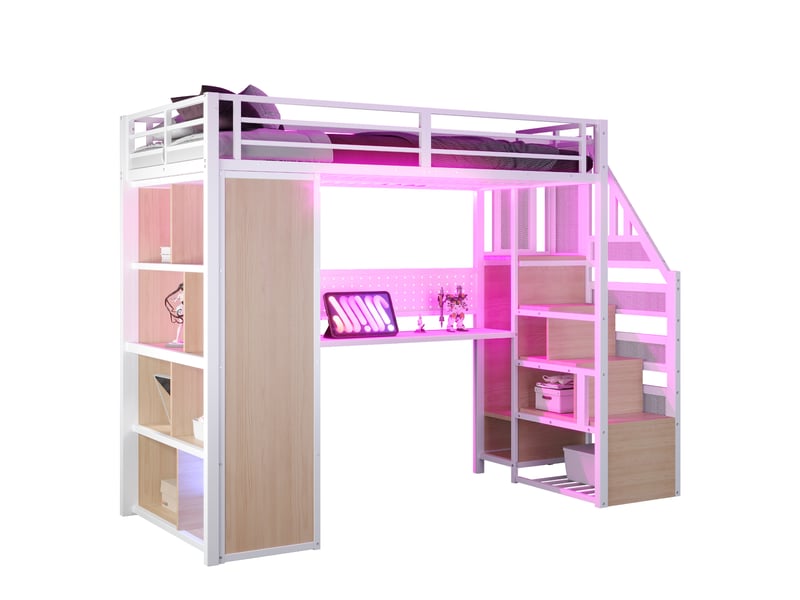 Lit mezzanine 90x200 avec rangement et led - lit enfant 1 place métal avec bureau, armoire, prises, design gain de place blanc - Conforama A