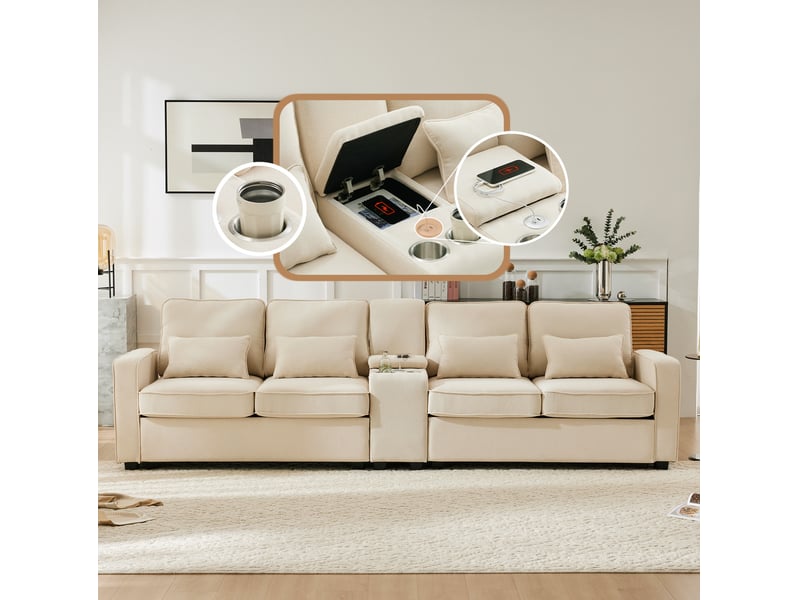  Canapé 4 places modenvie en tissu aspect lin beige 290 x 83 x 88 cm avec usb, console et 2 porte-gobelets  - Conforama E