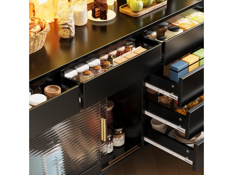  Meuble haut led moderne avec contrôle par app - placard de cuisine ou buffet, noir, tiroirs, rangement, panneau perforé  - Conforama E