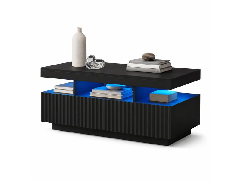  Table basse avec 2 tiroirs, niche ouverte et led pour salon 100×50×45 cm en panneaux de particules noir  - Conforama A