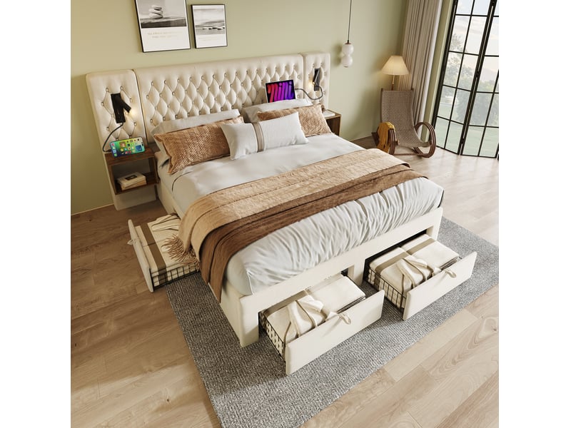  Lit double, 160x200 cm, doté de solutions de rangement, rechargement usb type c, matelas inclus, velours, coloris beige  - Conforama B