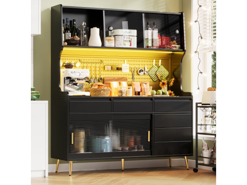  Meuble haut led moderne avec contrôle par app – placard de cuisine ou buffet noir, tiroirs, rangement, panneau perforé  - Conforama D