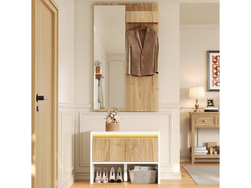 Portemanteau avec banc et rangement 60 x 145 cm en panneau de particules blanc et naturel - Conforama R