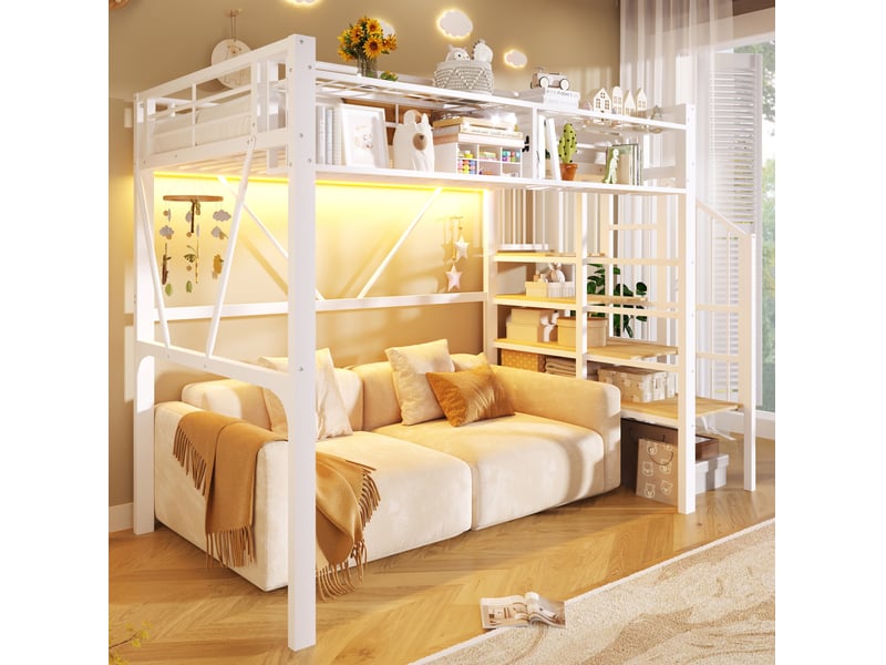 Lit mezzanine 90 × 200 cm avec échelle-étagère, rangement ouvert et bande led en métal et mdf blanc - Conforama B
